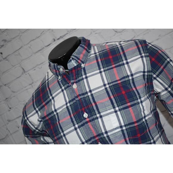 J Crew Dress Shirt Button Up Men Size Large Tartan Blue Red Plaids Cotton - Picture 1 of 5